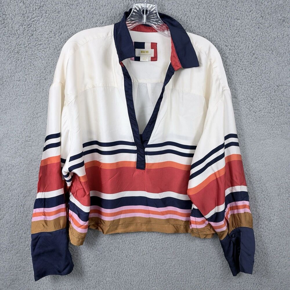 Maeve Anthropologie Silky Collared LS Blouse XL Orange Navy Stripe
